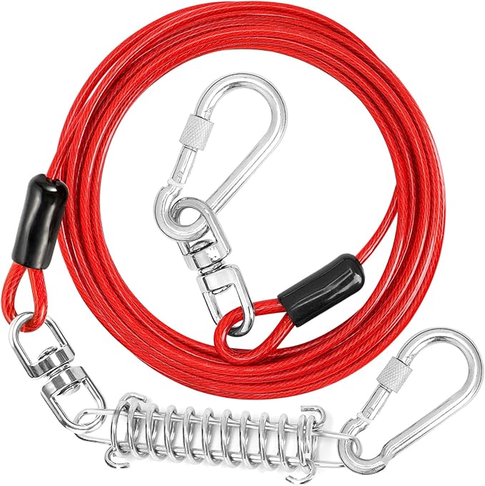 Jenico Dog Tie Out Cable - 10/15/20/30/40/50/70/100/150FT Runner Cable with Swivel Hook and Shock Spring, Outdoor and Camping Dog Leash Run Tether for Small to Medium Pets Up to 500 LBS