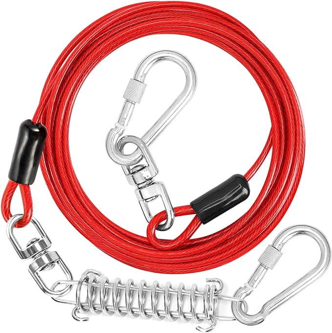 jenico Dog Tie Out Cable, 10/15/20/30/40/50/70/100/150FT Runner Cable with Swivel Hook and Shock Spring, Dog Leash Run Tether for Yard Outdoor and Camping,for Small to Medium Pets Up to 500 LBS