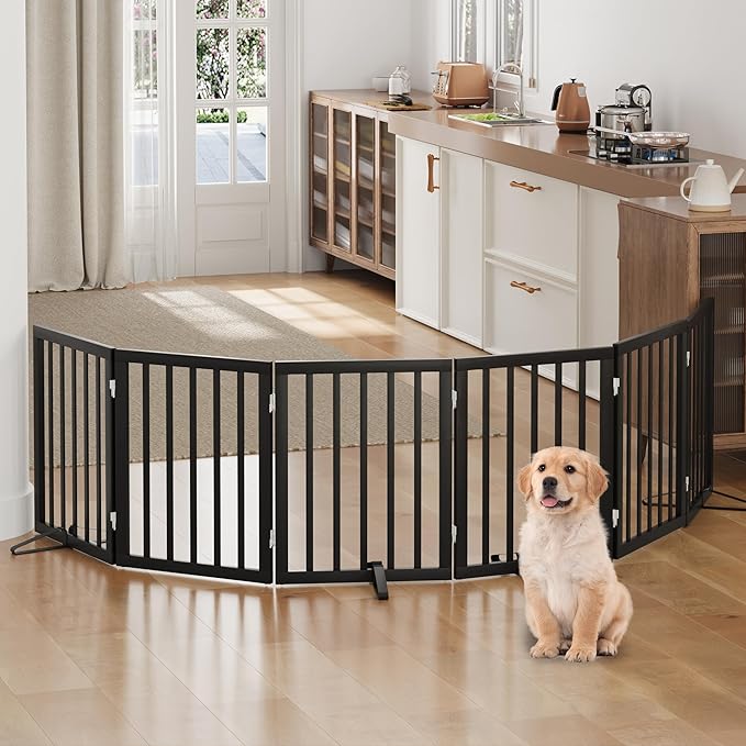 Freestanding Foldable Dog Gate - Indoor/Outdoor Pet Gate with Metal Support Feet - Room Divider, 6 Panels (Black)