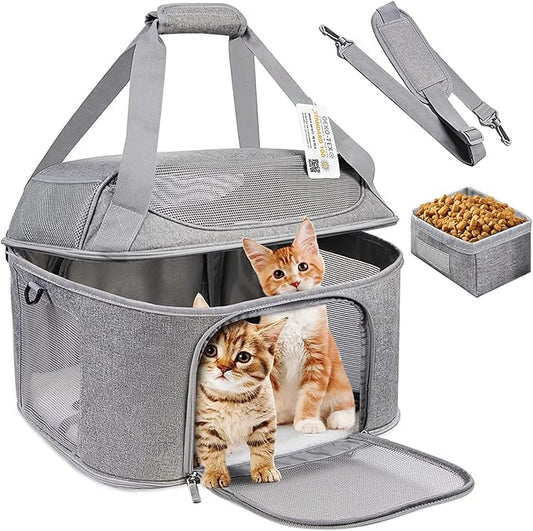 Large Cat Carrier for 2 Cats, Soft Side Pet Carrier for Cats Small Dog Up to 20 lbs, Collapsible Travel Dog Carrier Bag, Oeko-TEX Certified TSA Airline Approved Cat Carrier Backpack (Gray)