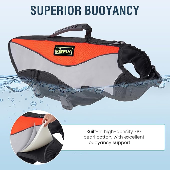 Large Dog Life Jacket with Rescue Handle - Large Reflective Adjustable Dog Flotation Vest, High Buoyancy Pet Swim Gear for Boating, Pool Safety(L, Orange)