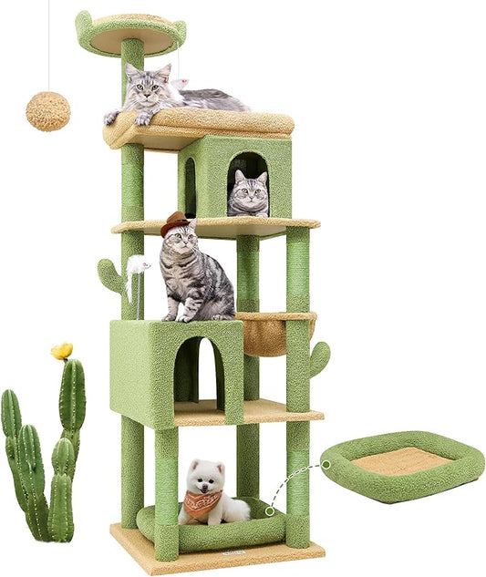 Globlazer Heavy Duty Cactus Cat Tree for Large Cats, Sturdy 72in Maine Coon Cat Tree for Large Cats 20 lbs+ Cactus Cat Tower for Adult Biggest Cats with 6 Scratching Posts, Hammock, S72, Green