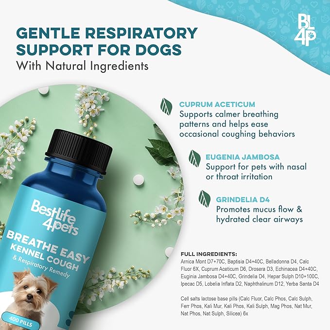 Kennel Cough Treatment & Dog Nasal Congestion Relief, Natural Dog Cough Suppressant & Cold Remedy, Breathe Easy Reduces Wheezing, Sneezing, Cold, Breathing and Respiratory Issues, 400 Small Pills