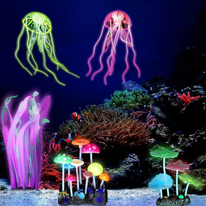 Frienda 8 Pieces Glowing Fish Tank Decorations Plants with 2 Style Glowing Kelp, Sea Anemone, Simulation Coral, Jellyfish, Lotus Leaf, Mushroom for Aquarium Fish Tank Ornament(Yellow, Pink)