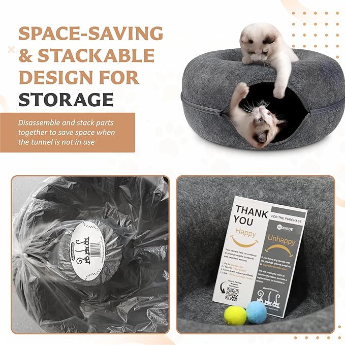 MeowMansion - Indoor Cat Tunnel Bed - Scratch Resistant Peekaboo Cave Donut Shape - Multifunctional Playground, Caves, Toys (Grey)