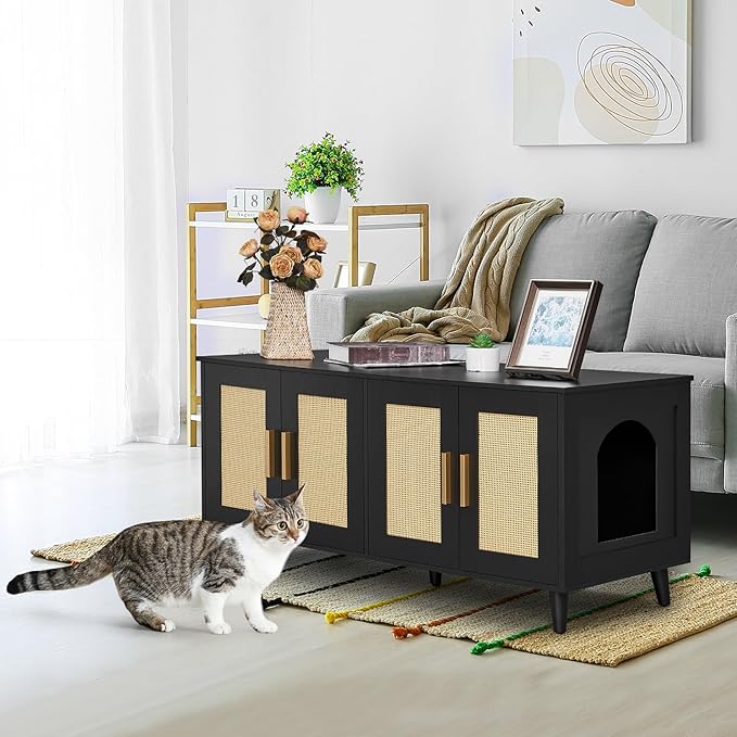 Homhedy Boho Cat Litter Box Enclosure for 2 Cats, Wooden Cat Washroom Furniture with Double Rattan Decorated Doors, Pet House,47.2”L x 19.7”W x 21.7”H, Black and Natural