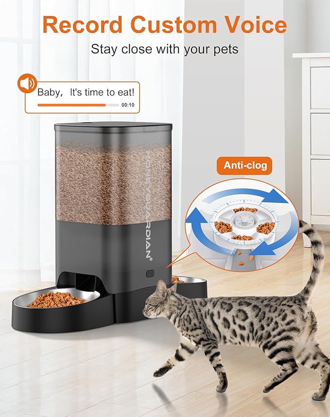 HoneyGuaridan 5L Automatic Cat Feeder for Two Cats, 5G WiFi Smart Feed Pet Feeder with Stainless Steel Bowl,APP Control Dispenser, Dual Power Supply,Desiccant Bag,10s Meal Call Black