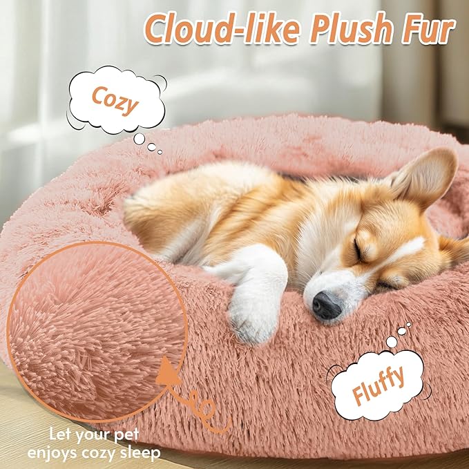JOLLYVOGUE Calming Dog & Cat Bed for Small Dogs, Anti-Anxiety Donut Cuddler Cozy Soft Round Bed with Anti-Slip Bottom, Fluffy Faux Fur Plush Cushion Beds for Small Medium Pets (20")
