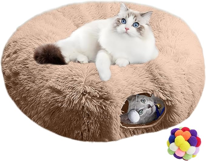 Cat Tunnel Bed for Indoor Cats - Cute Cat Donut Tunnel Toys with Washable Circle Cushion, Round Pet Peekaboo Cave Toy for Kitten/Puppy/Rabbit (Brown)