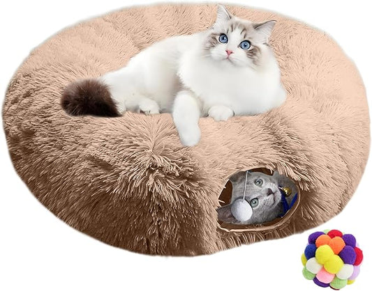 Cat Tunnel Bed for Indoor Cats - Cute Cat Donut Tunnel Toys with Washable Circle Cushion, Round Pet Peekaboo Cave Toy for Kitten/Puppy/Rabbit (Brown)