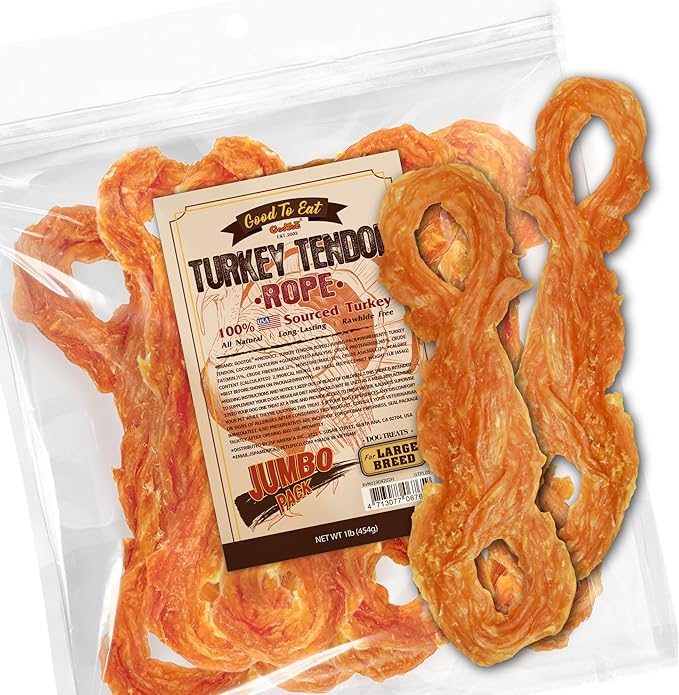 Gootoe Turkey Tendon Dog Treats, Rope (L) 1 lb, USA-Sourced Turkey Tendon, Natural Snack, Premium Puppy Chews, Hypoallergenic, Rawhide Free, Reseal Value Bag, Sizes for Large Dogs