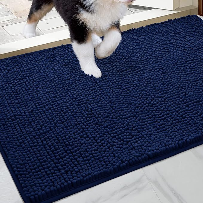 HOMEIDEAS Doormat Indoor Entrance, 48"x30", Highly Absorbent Chenille Large Muddy Dog Washable Non Slip Front Welcome Door Mat for Entryway, Navy Blue