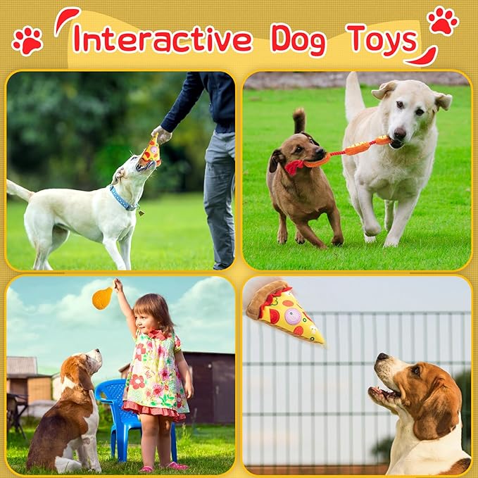 Squeaky Toys for Dogs – Fun Interactive Food-Themed Set，Pizza，Drumstick，and Sausage Rope，Durable Tug Toy and Chew Toy，Ideal for Small & Medium Dogs and Strong Chewer