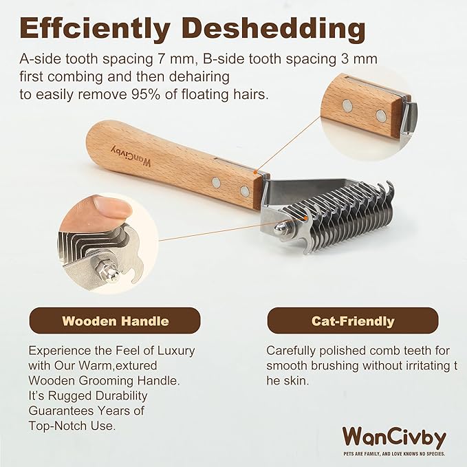 2-in-1Dematting & Deshedding Comb Undercoat Rake for Cats& Dogs，Detangling Matted Fur & Hair Remover Tool Pet Grooming Rake for Shedding and Dematting，Ergonomic beech wood handle (2 in 1)