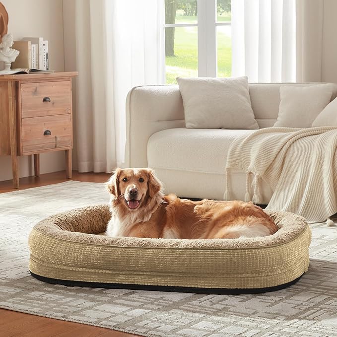 JOEJOY Orthopedic Dog Beds Large Sized Dog, Egg-Crate Memory Foam Pet Couch Bed with Bolster Sides, Waterproof Lining, Removable Washable Cover & Non-Slip Bottom, Light Brown