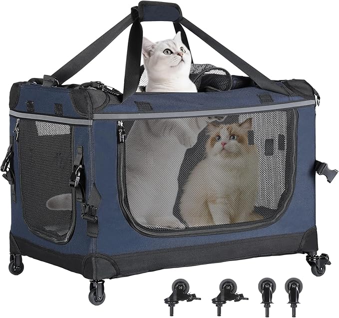 24-inch Foldable Cat Carrier with Removable Wheels – Large Pet Travel Carrier for Cats & Small Dogs, Breathable & Sturdy for Car Rides (Holds up to 44lbs)