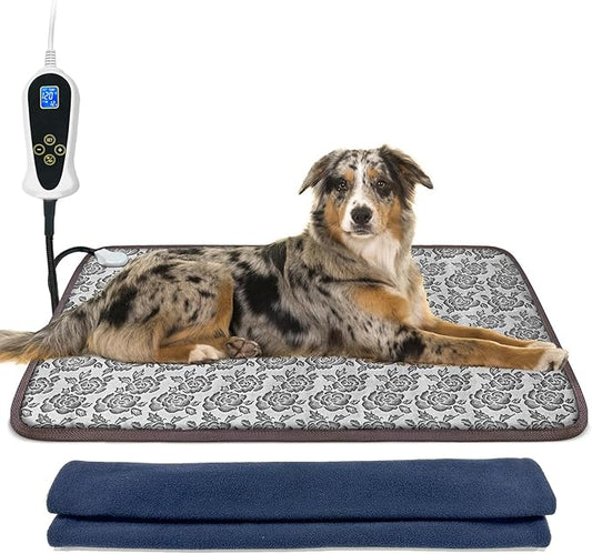 Large Dog Heating Pad for Dogs, Pet Heating Pad Electric, Waterproof, Heated Dog Bed with Timer, with Smart Thermostat Switch, Add Wire Rope with Blue Fabric Cover (Rose, 34x21 in)