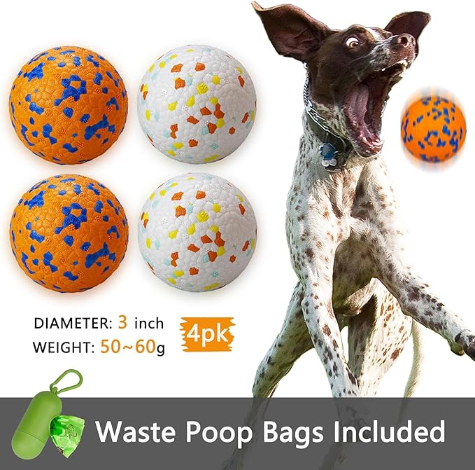 Dog Tennis Balls for Aggressive Chewers, Indestructible Dog Balls for Fetch Game, Durable Bouncy Lightweight Floating Toys (2 White + 2 Orange, Large (3" Diameter))