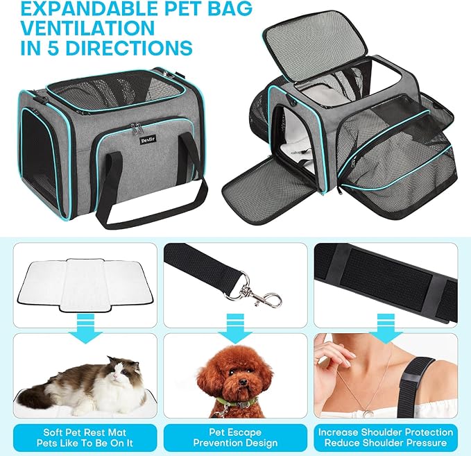 Cat Dog Carrier Bag - Expandable Soft-Sided Travel Pet Carrier with Ventilated Mesh, Fleece Pad, 18x11x11 Inch for Kitten, Rabbit, Puppy,Guinea Pig, Small Animal, Airline Approved