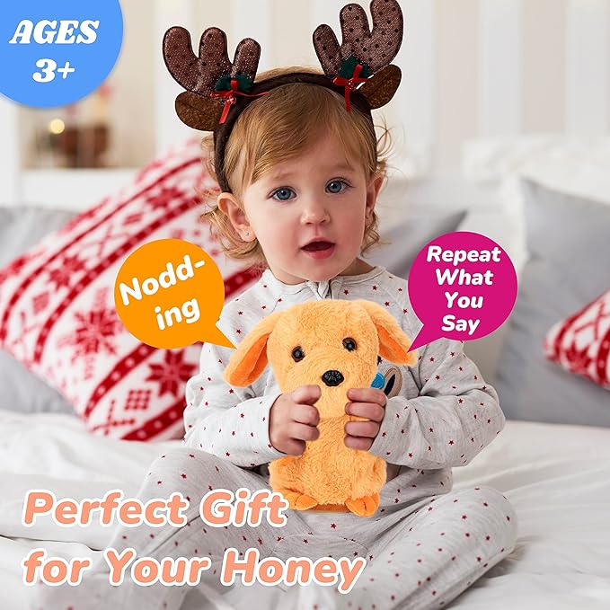 Hopearl Talking Puppy Repeats What You Say Dog Nodding Electric Interactive Animated Toy Speaking Plush Buddy Gift for Toddlers, Brown, 7''