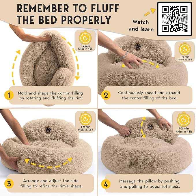 PetJett Calming Dog Bed for Small Dogs – 23" Donut Dog Beds, Anti-Slip & Washable Fluffy Plush Faux Fur Pet Bed, Anti-Anxiety Premium Comfort Round Puppy Bed, Fits Dogs up to 25 lbs – Beige