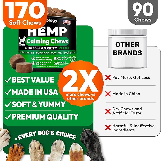Hemp Calming Chews for Dogs - 170 Dog Calming Chews - Anxiety Relief Treats - Advanced Stress Relief, Separation Aid, Barking, Fireworks, Melatonin - Hip & Joint Supplement - Made in USA