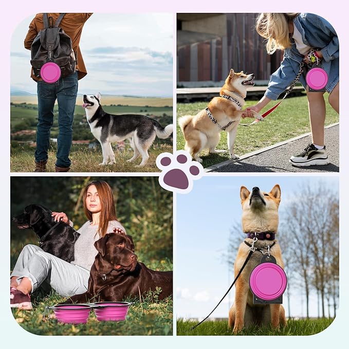 Pawaboo 2-in-1 Collapsible Dog Bowls, Dual Puppy Food and Water Bowls, 180° Flip Over Portable Silicone Dog Bowl with Metal Hook, 450ml Pet Travel Feeder Bowl for Walking Hiking Camping, Pink