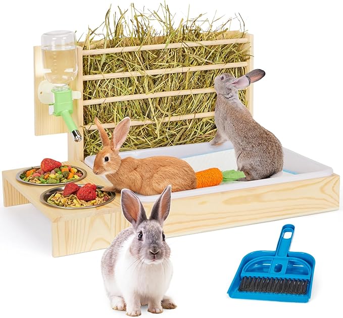 Rabbit Hay Feeder with Litter Box, Small Animals Hay Rack with Water Bottle, and 2 Bowls, Wooden Bunny Hay Holder Feeder Toilet Combo for Rabbit, Guinea Pig, Hamster, Hedgehog, Chinchillas