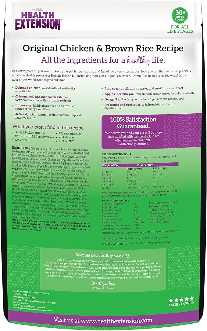 Health Extension Original Chicken & Brown Rice Dry Dog Food (15 lb / 6.8 kg) - Protein-Packed Formula with Probiotics, Omega 3 for Holistic Health in Dogs of All Life Stages