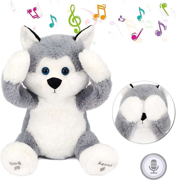 Hopearl Peek A Boo Husky Interactive Repeats What You Say Plush Dog Toy Musical Singing Talking Stuffed Animal Adorable Electric Animate Birthday Festival, Gray, 11.5''