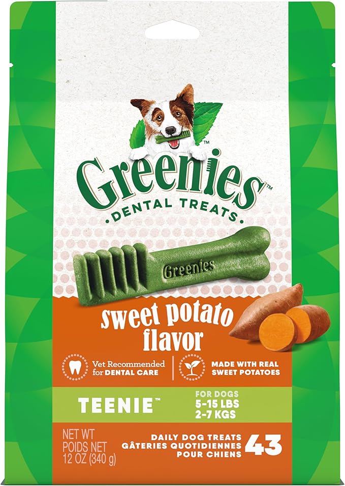 Greenies Teenie Natural Dog Dental Treats, Sweet Potato Flavor, 12 oz. Pouch (43 Treats)