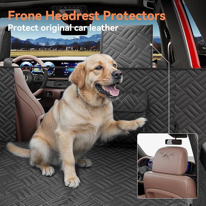 Dog Car Seat Cover for Back Seat- Heavy Duty Waterproof- Hard Bottom Backseat Extender Fits Sedan SUV & Small Truck, Full Coverage for Doors, Rear Seats & Front Headrests