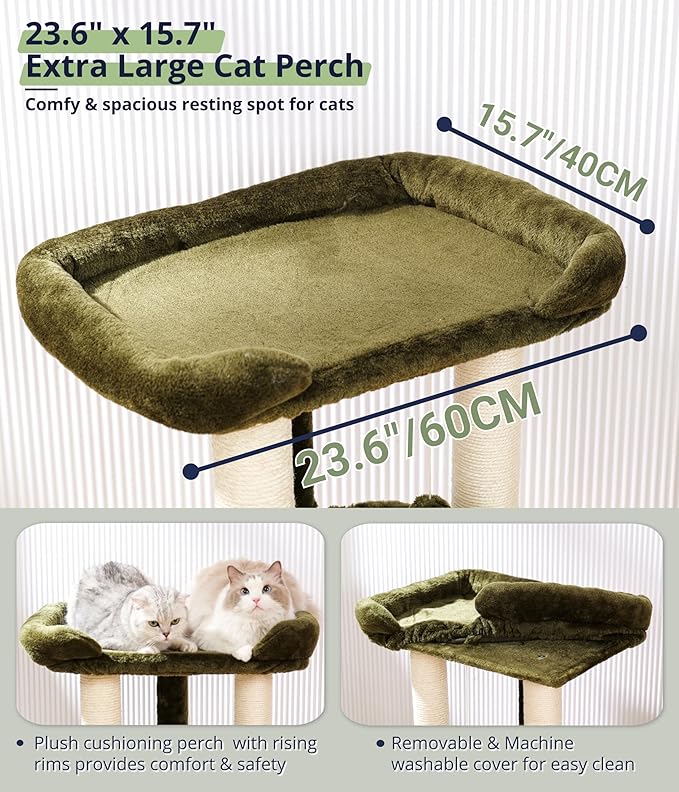 Happi N Pets 28" Large Cat Tree Tower for Indoor Cats, Cat Scratch Post with Large Bed for Maine Coon Big Cats, Sisal Cat Scratcher with Soft Perch & Hammock, Stable Cat Stand, Removable Cover-Green