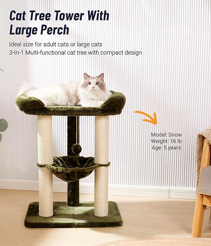 Happi N Pets 28" Large Cat Tree Tower for Indoor Cats, Cat Scratch Post with Large Bed for Maine Coon Big Cats, Sisal Cat Scratcher with Soft Perch & Hammock, Stable Cat Stand, Removable Cover-Green