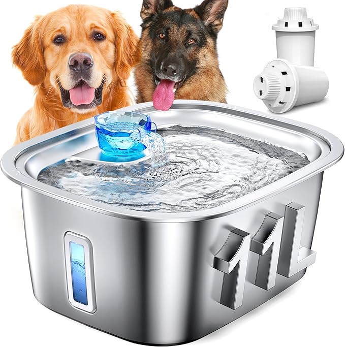 Large Dog Water Fountain Stainless Steel, 3 Gallon Pet Water Fountain with Visual Window, Dog Water Dispenser Automatic Waterer Bowls for Drinking with 2 Filters for Cats, Dogs, Multiple Pets