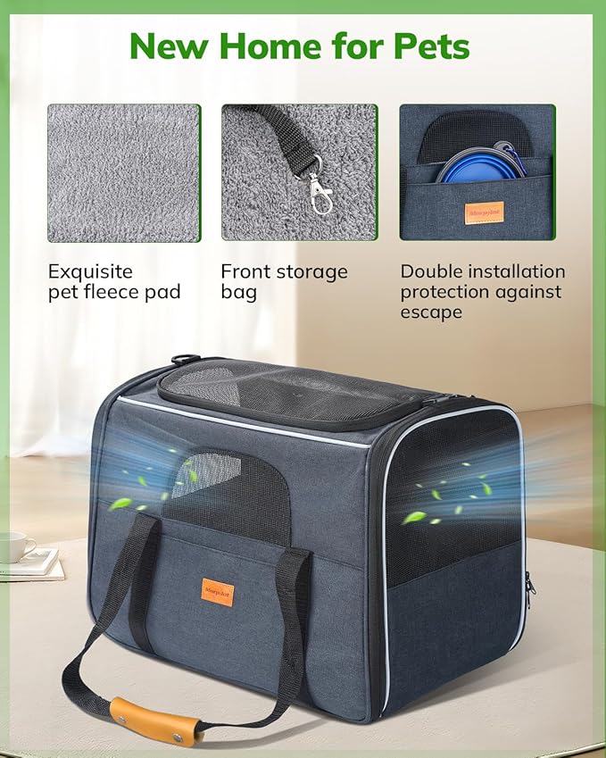 Morpilot Pet Travel Carrier Bag, Soft-Sided Dog Carrier Cat Carrier Pet Carrier (18 x 12.5 x 14 Inches), for Large Cats and Medium Puppies, w/Locking Safety Zippers, Foldable Bowl