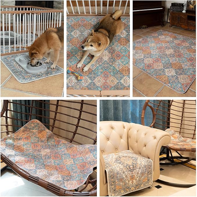 nunubaby Washable Pee Pads for Dogs, Stylish, Non-Slip and Leak-Proof Pee Pads. Reusable Potty Pads for Dogs for Crates and Floors.(Blue/Multi, 36" x72" )