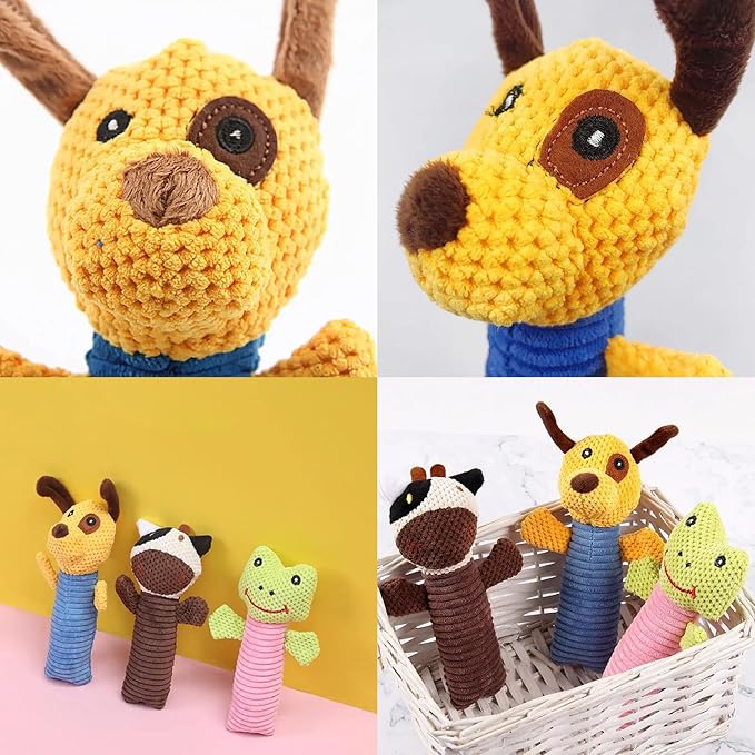 3 Piece Dog Toy Set — Stuffed Animals Chew Toy, Pet Squeakers Toys for Dogs — Durable Puppy Plush Toy Medium, Small Breed Outdoor, Indoor Chewers Squeaky Toys for Puppies — Calf, Frog, Puppy