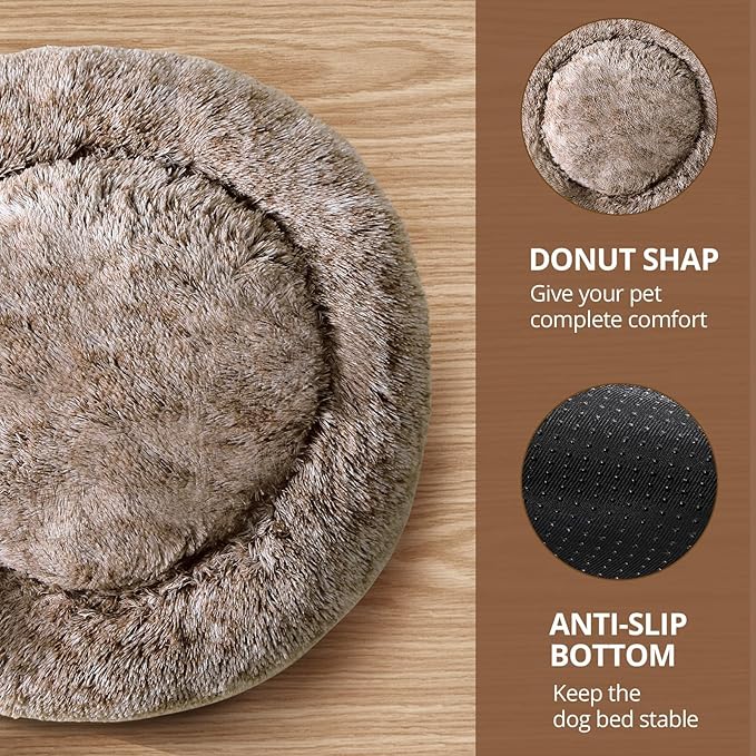 JOLLYVOGUE Large Calming Dog Bed, Anti-Anxiety Donut Cuddler Cat Bed with Anti-Slip Bottom, Fluffy Faux Fur Machine Washable Pet Cushion for Medium Large Dog & Cat, 36"/Smoke Brown