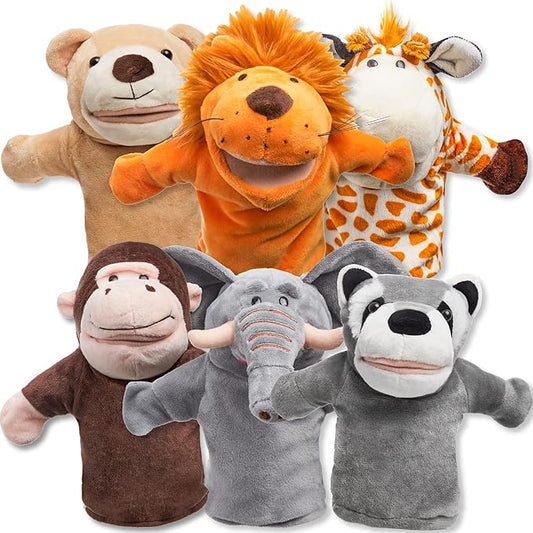 JOYIN 6Pcs Kids Hand Puppet Set with Working Mouth, Toddler Animal Plush Toy Includes Elephant, Giraffe, Lion, Bear, Raccoon and Monkey for Show Theater, Christmas Birthday Gifts for Kid Age 3+
