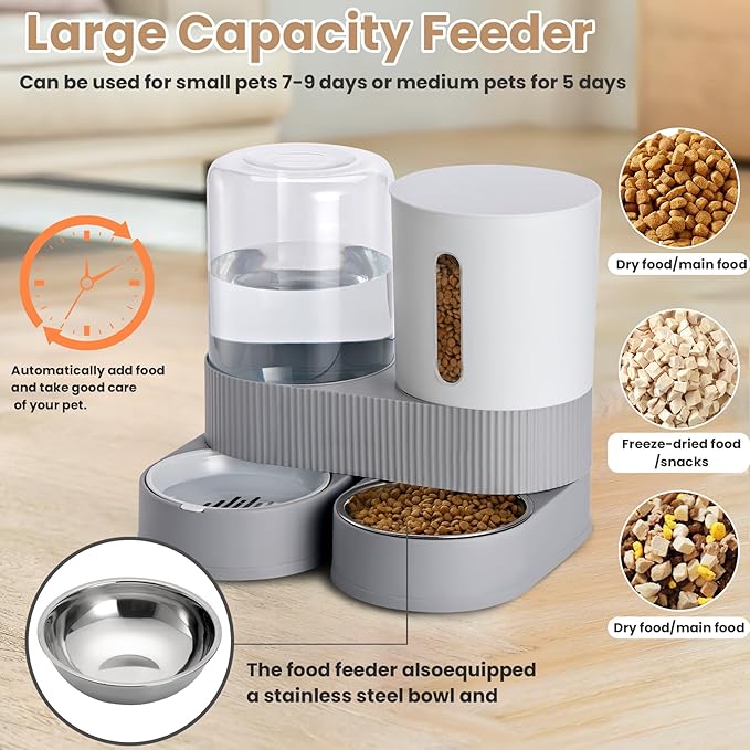 Automatic Dog Cat Water Dispenser Gravity Feeder and Water Dispenser Stainless Steel 2-in-1 Set Large Capacity Dispenser for Pets Dogs, Puppies, Kittens（Grey）