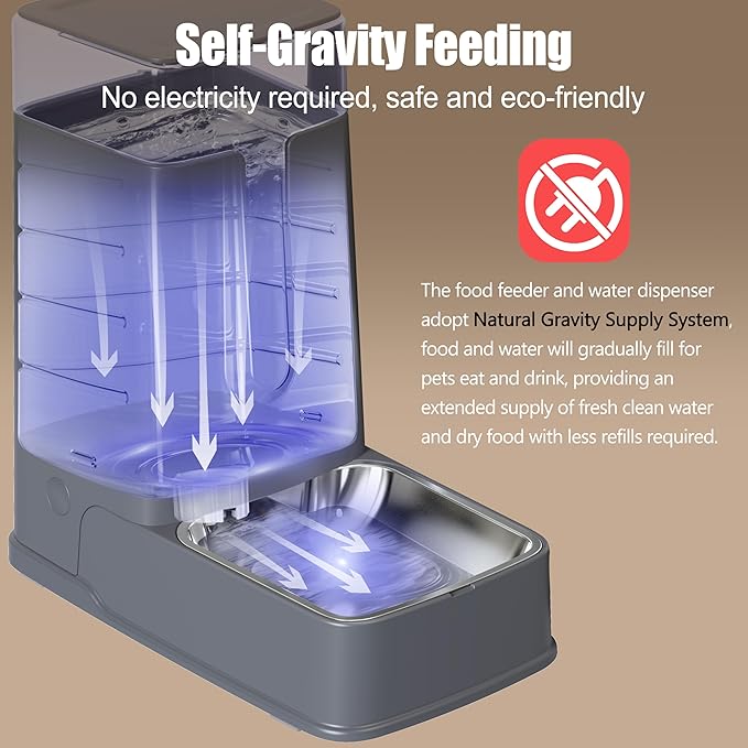 Automatic Cat Feeder and Cat Water Dispenser Set with Stainless Steel Bowls Gravity Dog Feeder for Small Medium Big Dog Pets Puppy Kitten, 3.8Lx 2