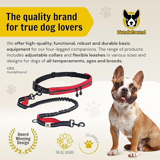 Hundefreund Hands Free Dog Leash for Medium and Large Dogs (30-150lbs) - Dual Handle Waist Leash for Running, Walking and Hiking with Adjustable Zipper Waist Belt and Reflective Elastic Bungee (Red)