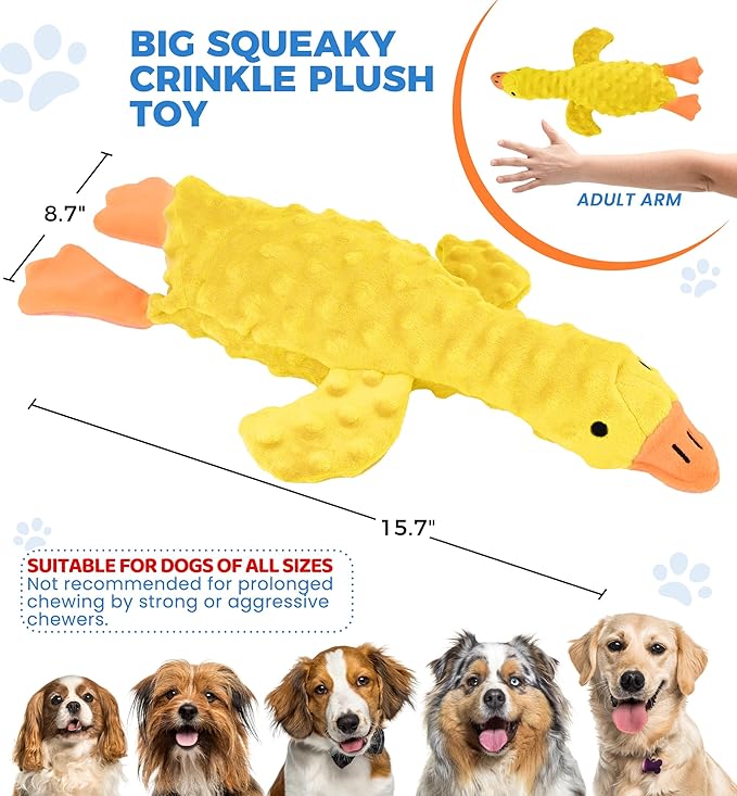 Squeaky Plush Dog Toy for All Breeds, Multifunctional Goose Dog Toy with Honking Sound, Crinkle Paper, Treat Pocket, Durable Soft Stuffed Animal for Chewing, Cuddling, Interactive Play (Yellow)