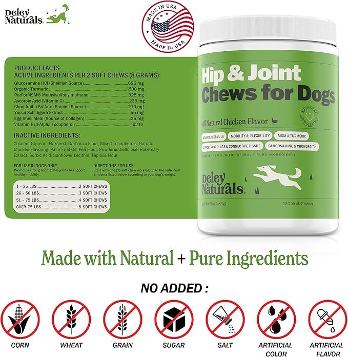 Deley Naturals Hip and Joint Supplement for Dogs - Glucosamine for Dogs with MSM, Turmeric, Chondroitin & Collagen Supplements - Joint Support Chews for Mobility, Flexibility & Comfort - 120 Chews