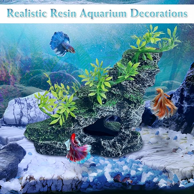 kathson Aquarium Mountain View Stone Resin Fish Tank Decorations Betta Hideout Caves Rockery Landscape Tree Aquarium Decorations Rock Hiding Cave Decor for Small Fish Shrimp Play Ornament