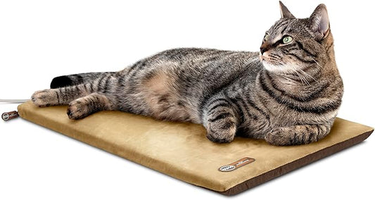 K&H Pet Products Heated Cat Bed Pad for Indoor Cats, Thermo-Kitty Mat Calming Warm Pet Heating Pad for Inside Pets, Machine Washable, Waterproof Heater, Safety Listed - 12.5 X 25in Mocha/Tan