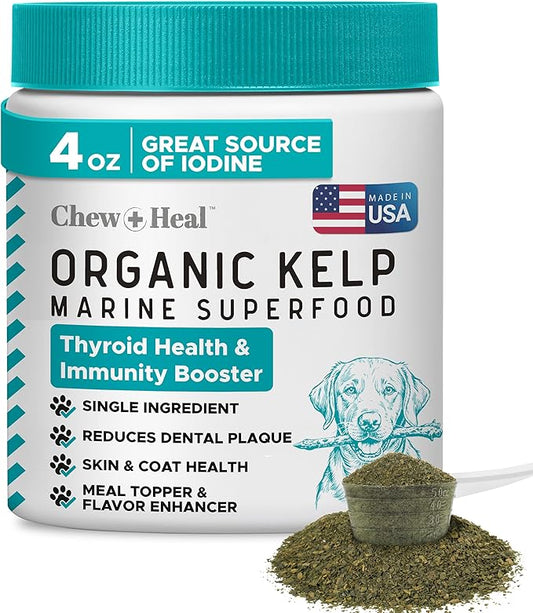 Kelp Supplement for Dogs – Natural Seaweed Powder for Thyroid Function, Dental Health, Immune Support, Skin & Coat – Iodine-Rich 4 oz Meal Topper with 5cc Spoon – Made in USA