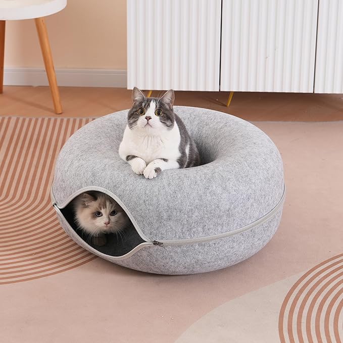 Large Cat Tunnel Bed for Indoor Cats with 3 Toys, Scratch Resistant Donut Cat Bed, Up to 30 Lbs (L 24x24x11, Light Grey)
