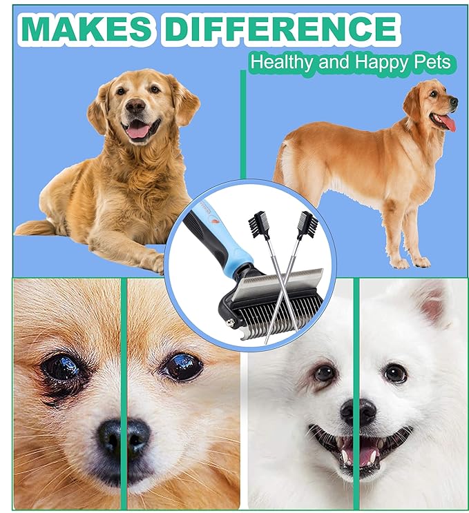 Premium Deshedder Brush for Dogs, Safe and Fast, Pro 2 in 1 Shedding Tools with Sharp Deshedding Undercoat Rake and End Rounded Dematting Comb, Great for Large Long Hair Pets (1+2pcs)